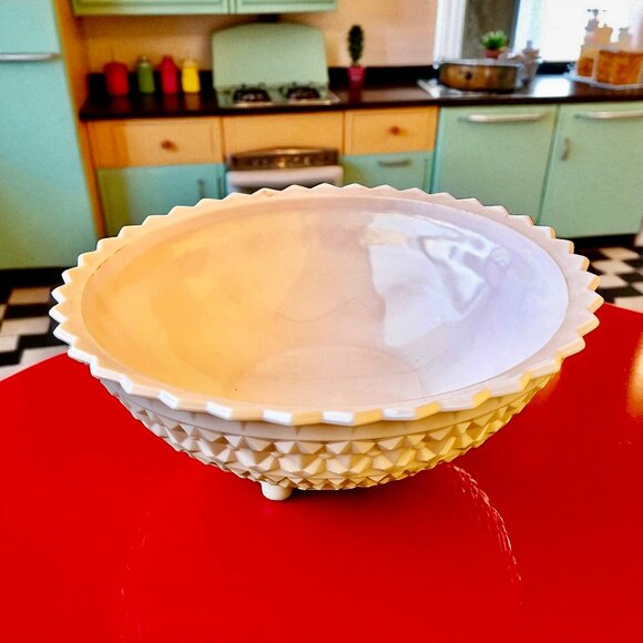 Vintage 50's Pink Milk Glass Bowl Jeannette Buttons & Bows Pattern Large Footed - Picture 1 of 14